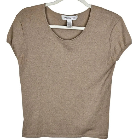 Jones New York Tan Short Cap Sleeve Pullover Rayon/Nylon Sweater‎ Top Size Large - Picture 1 of 9